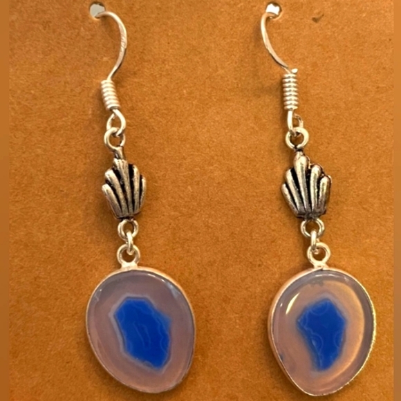 Jewelry - STERLING SILVER BLUE AND CLEAR SLICED AGATE DANGLE EARRINGS